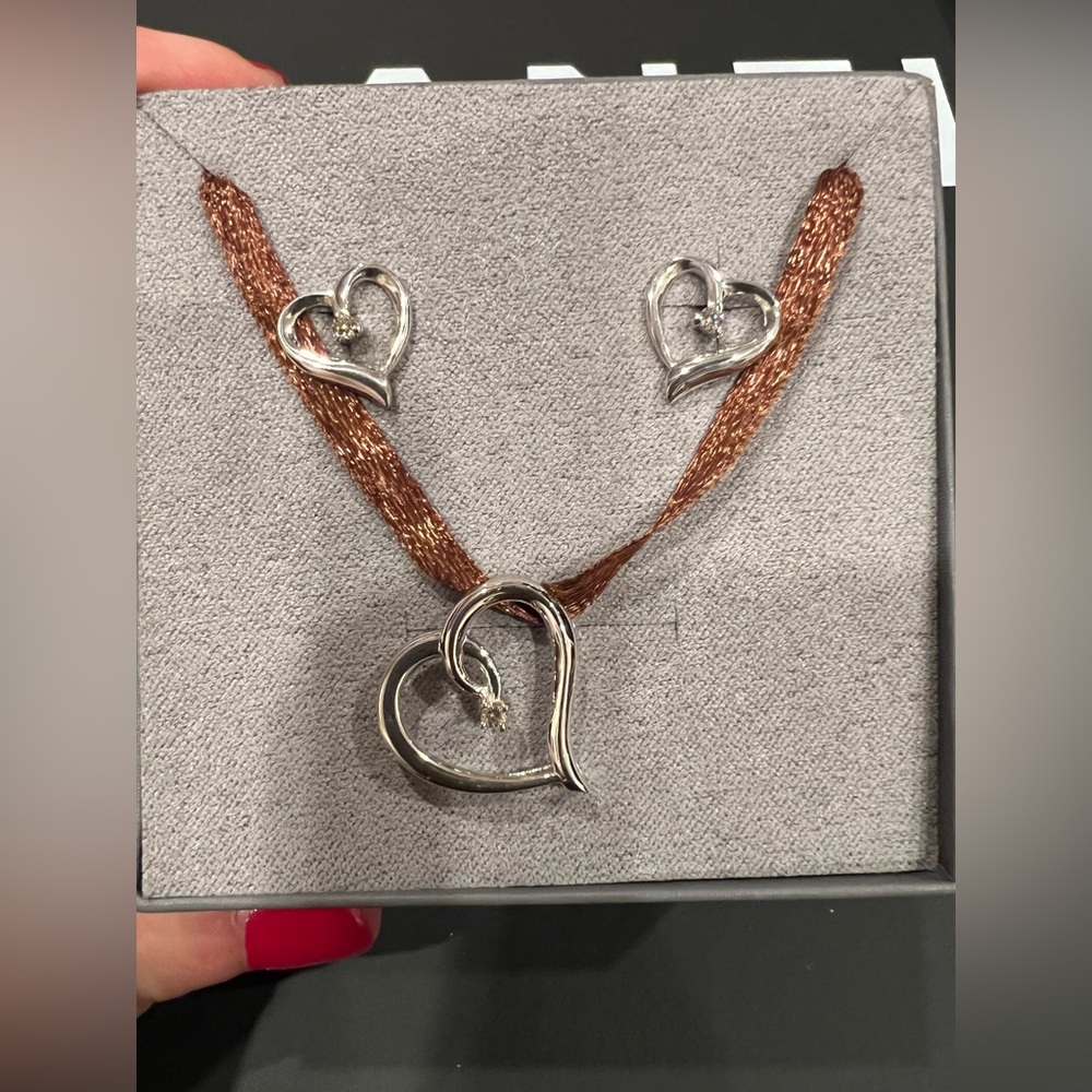 NIB ANGARA STERLING SILVER HEART WITH DIAMOND ACCENT EARRINGS AND PENDANT SET